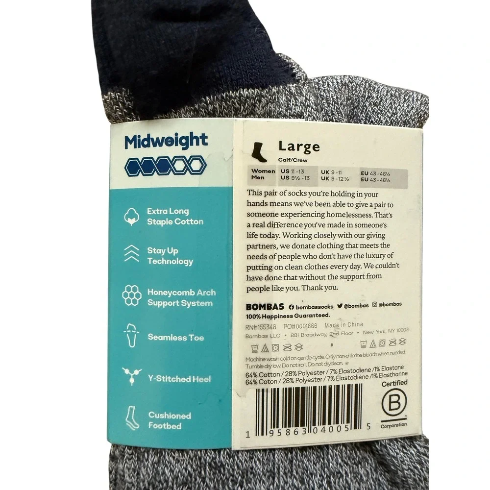 Bombas Midweight Calf Crew Socks Grey Navy Blue Marled Cotton Large Men 9.5-13